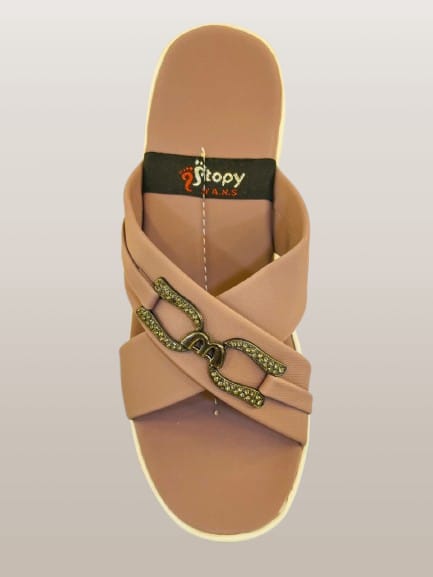 Women's Brown Leather Cross-Strap Block Heel Sandals with Chain Detail