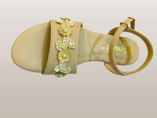 Women's Beige Floral Embellished Ankle Strap Flat Sandals