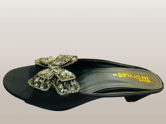 Women's Black Satin Crystal Butterfly Flat Mule Sandals