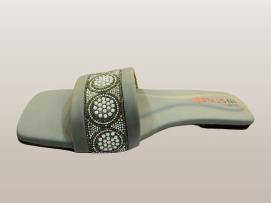 Women's Sage Green Rhinestone Circle Embellished Flat Slide Sandals