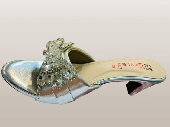 Women's Silver Crystal Butterfly Kitten Heel Mule Sandals