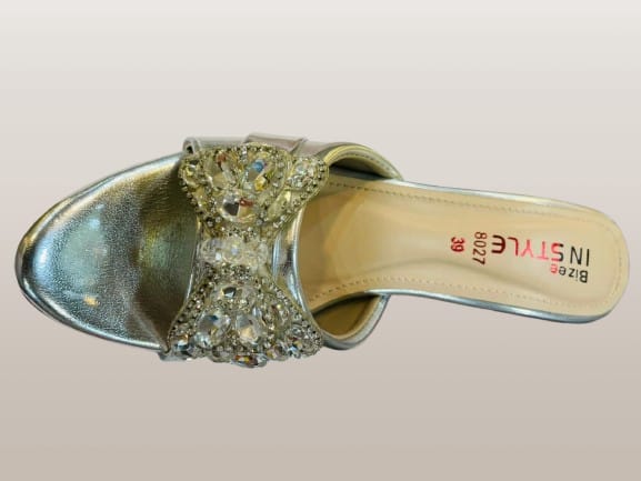 Women's Silver Crystal Butterfly Kitten Heel Mule Sandals