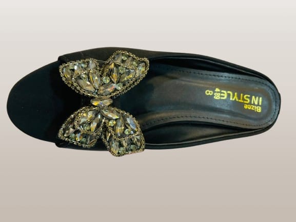 Women's Black Satin Crystal Butterfly Flat Mule Sandals