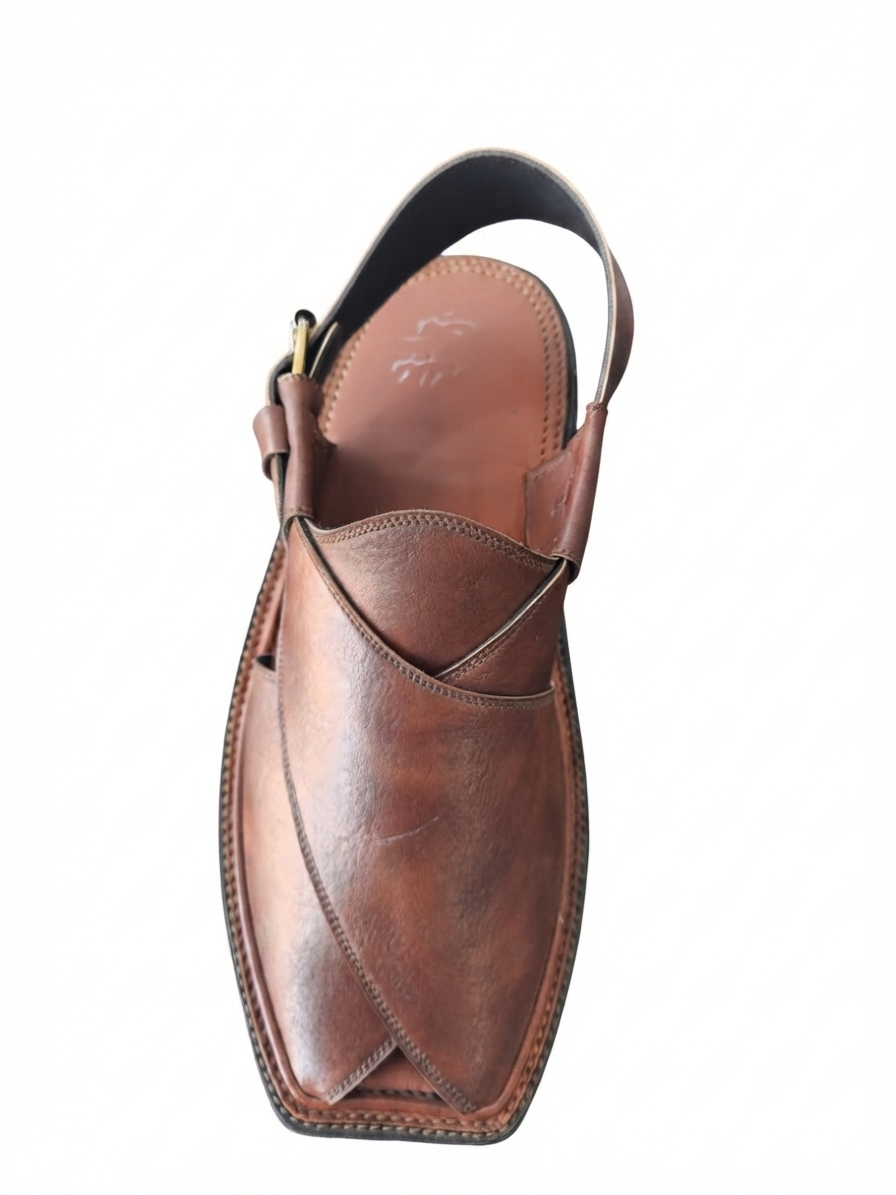 Handcrafted brown leather Peshawari Chappal Classic with cross-strap design and brass buckle