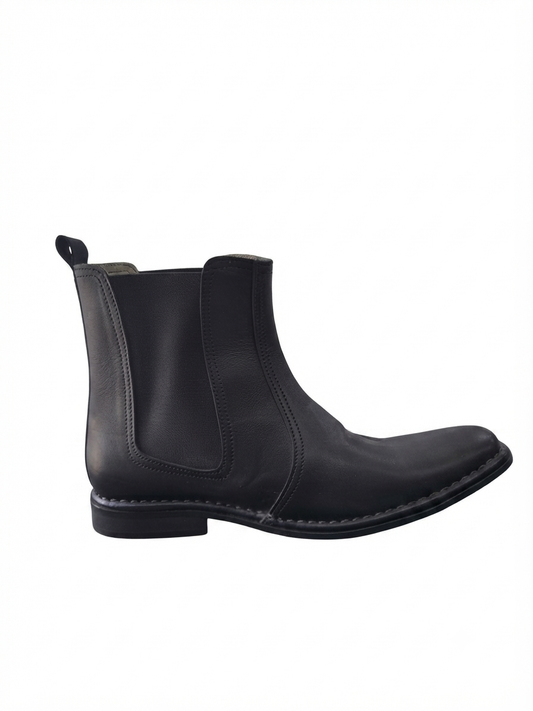 Black full-grain leather Chelsea boot with elastic side panels and rear pull tab