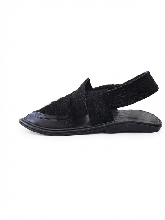 Peshawari Chappal Black — Handcrafted Velvet & Leather Sandal