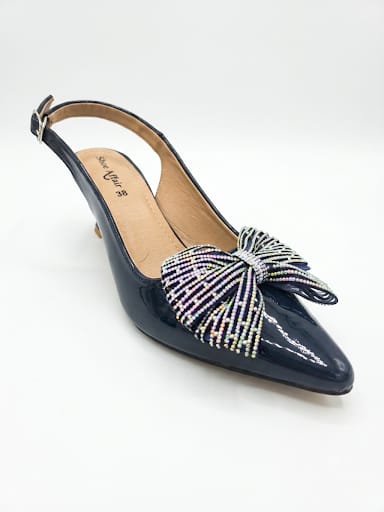 Classic Patent Slingback Kitten Heels with Crystal-Beaded Bow