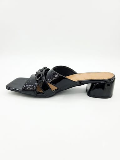 Classic Women’s Block Heel Slide Sandals with Chain Detail – Black, Ivory & Blue