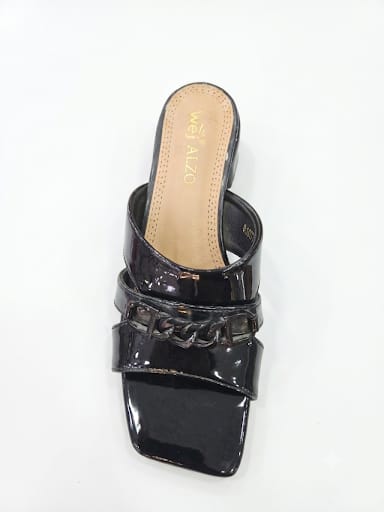 Classic Women’s Block Heel Slide Sandals with Chain Detail – Black, Ivory & Blue