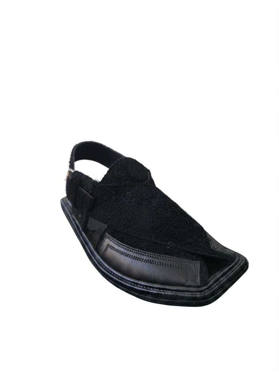 Peshawari Chappal Black — Handcrafted Velvet & Leather Sandal