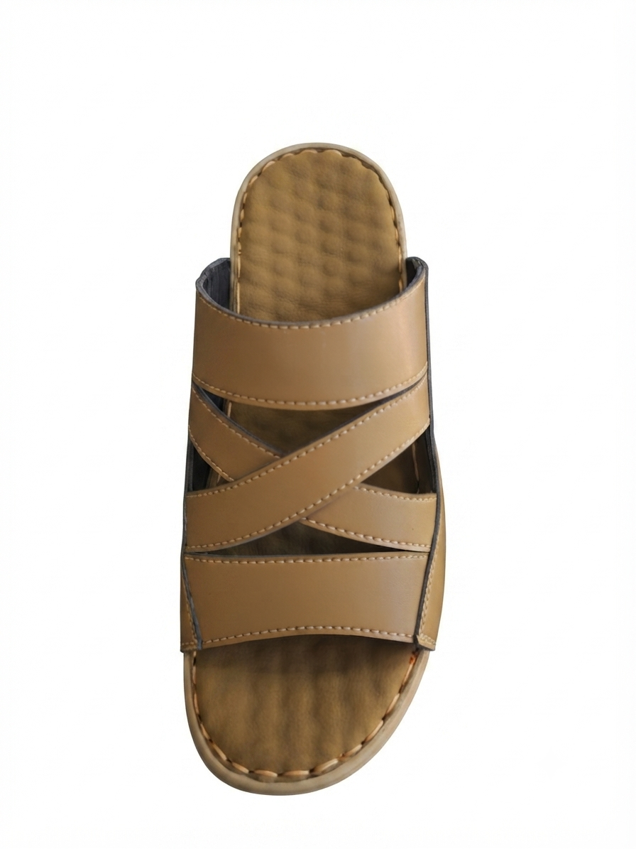 Beige handmade leather cross-strap sandal with cushioned footbed, top view